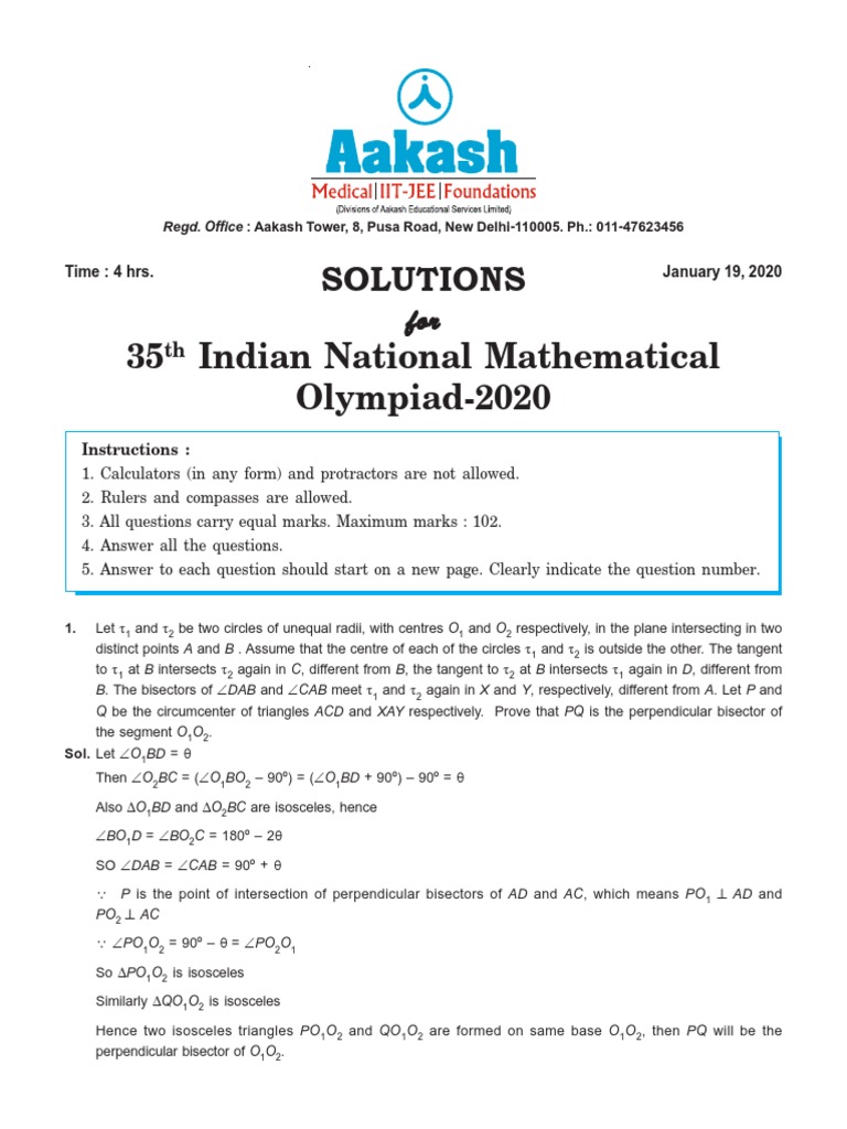 INMO 2020 Question Paper Solutions | PDF | Triangle | Euclid