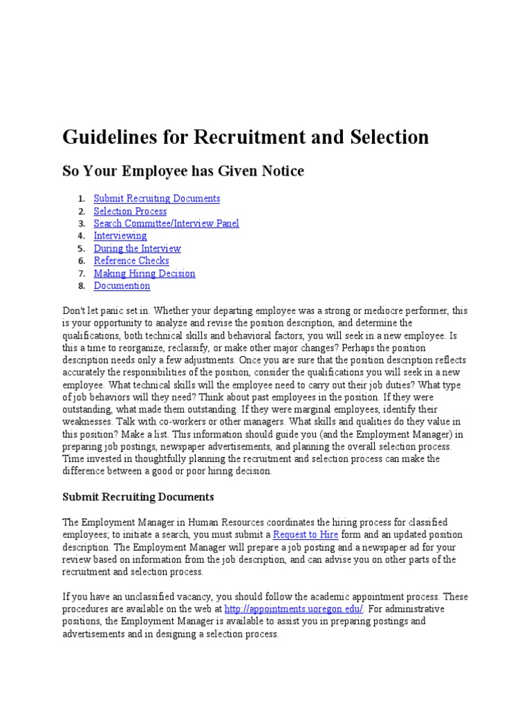 Guidelines For Recruitment and Selection | PDF | Business | Interview
