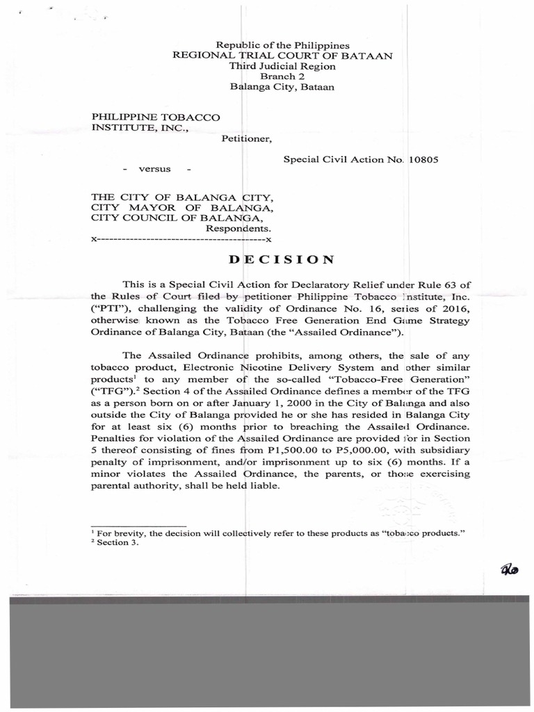 PTI vs. Balanga City Tobacco Ordinance | PDF | Tort
