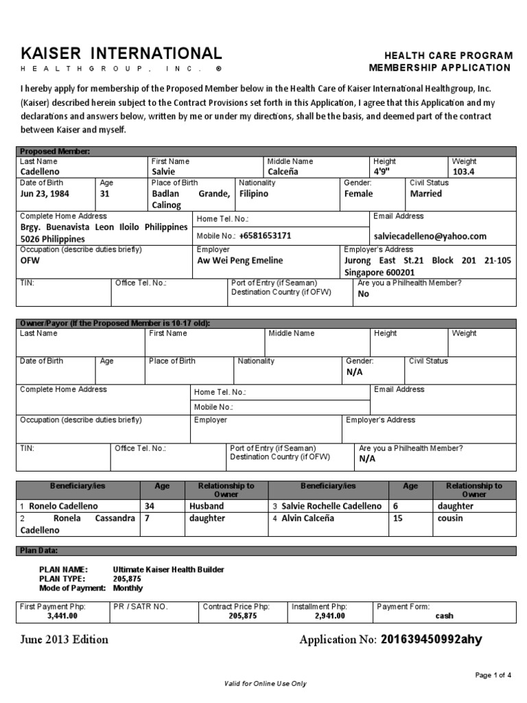 Kaiser International: June 2013 Edition Application No: 201639450992ahy ...