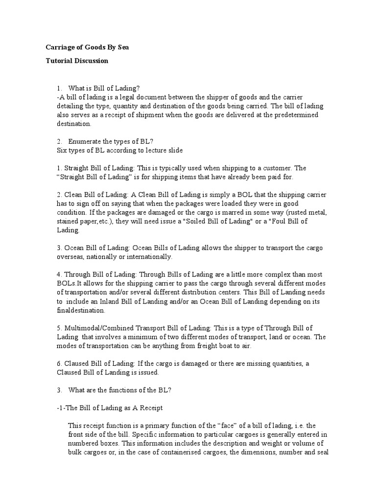 Carriage of Goods by Sea | PDF | Bill Of Lading | Cargo
