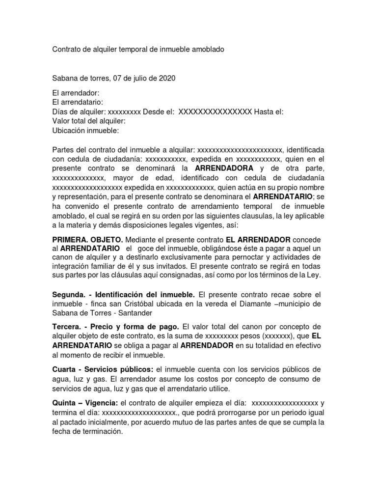 Contrato de Alquiler Temporal de Inmueble Amoblado | PDF | Alquiler |  Gobierno