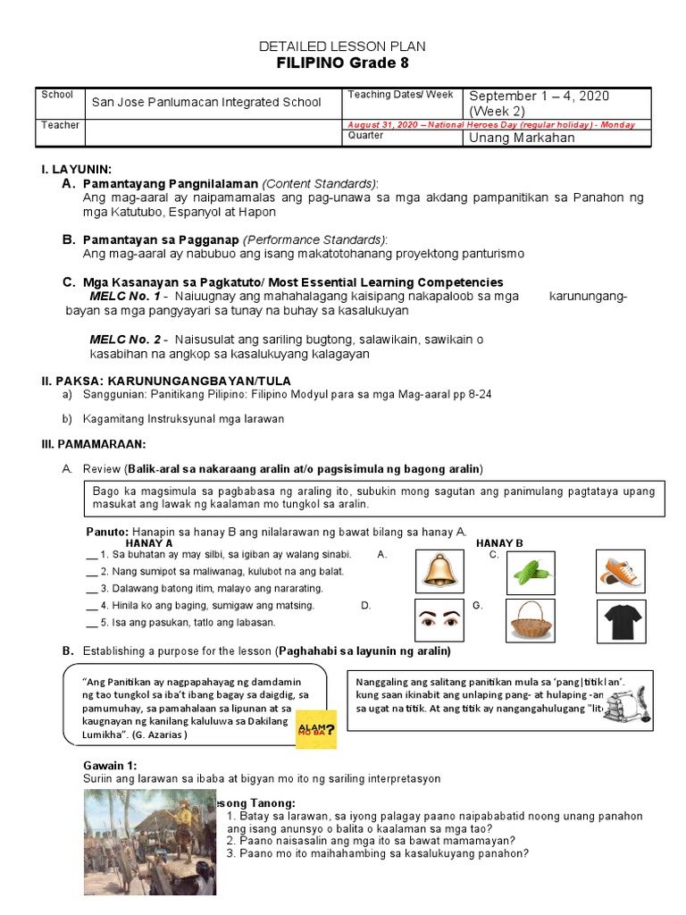 DETAILED LESSON PLAN - Week 1-2 - FILIPINO 8 | PDF