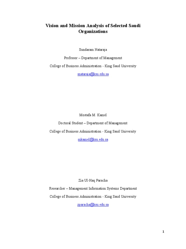 Vision and Mission Analysis of Selected Saudi Organizations: Snataraja ...