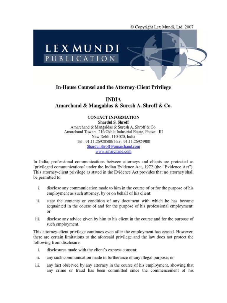 InHouse Counsel and The AttorneyClient Privilege India Amarchand