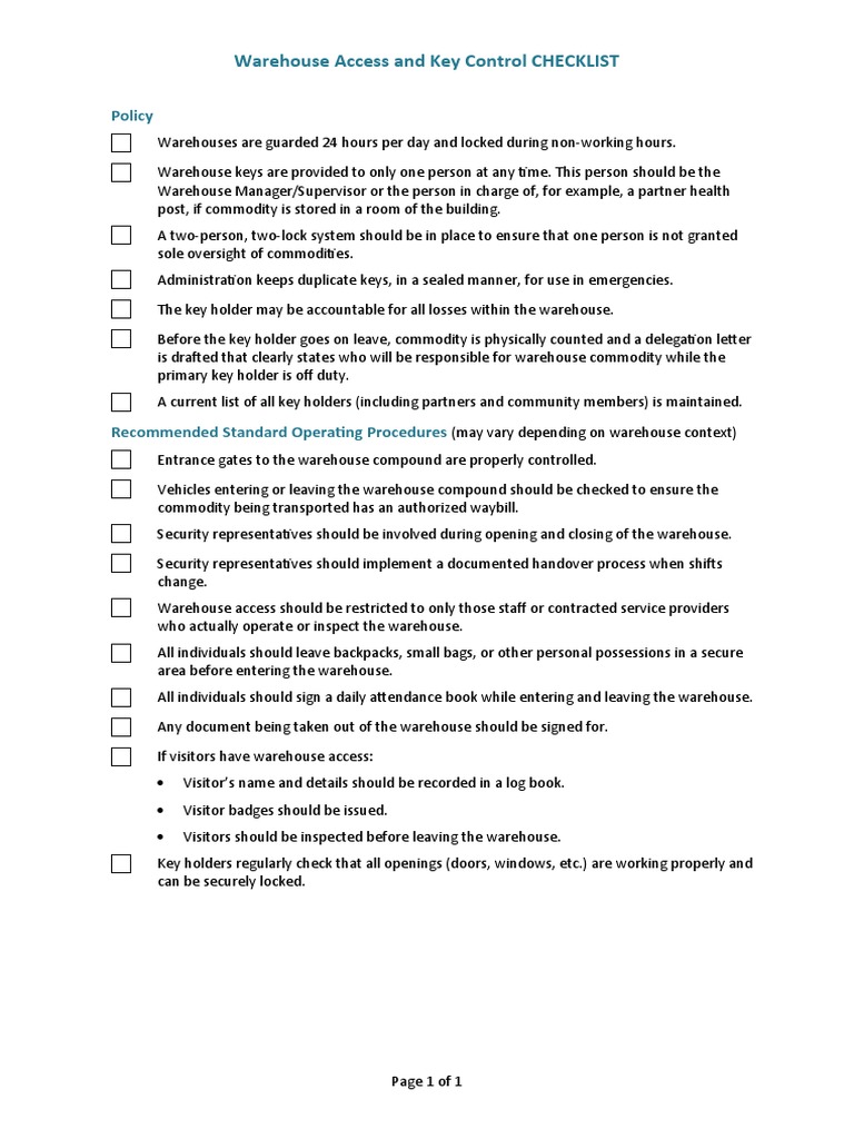 Warehouse Access and Key Control CHECKLIST Policy PDF Warehouse