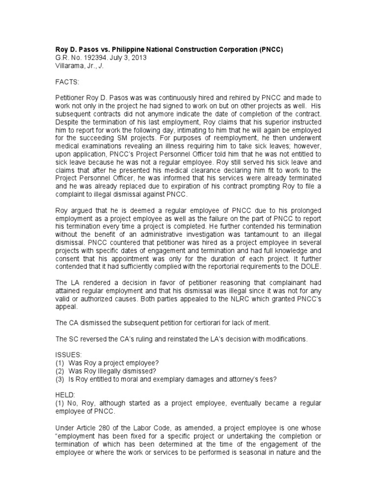 Roy D. Pasos vs. PNCC: Illegal Dismissal Case | PDF | Employment | Damages
