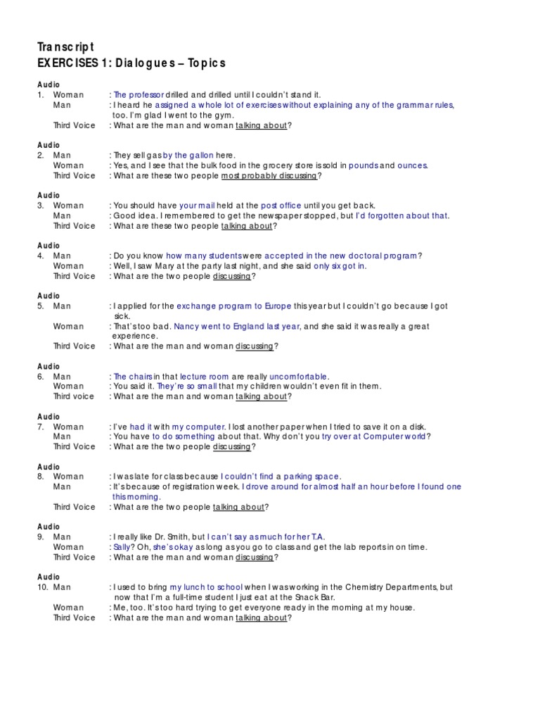 Exercise 1 Dialogues Topcis Pdf Pdf Foods