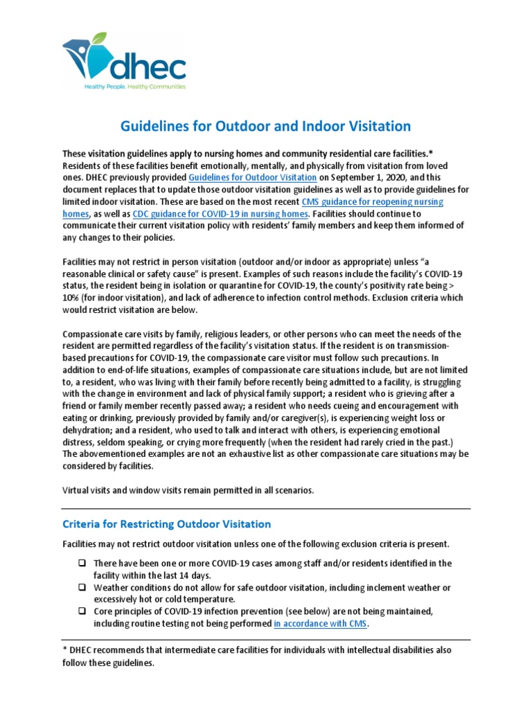 VisitationGuidelines 10.9.20 FINAL PDF Nursing Home Care Quarantine
