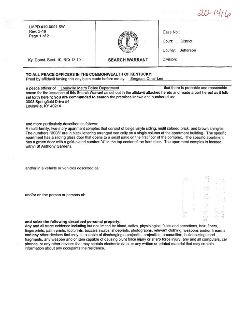Inventory Search Warrant LMPD #19-0001 SW | PDF