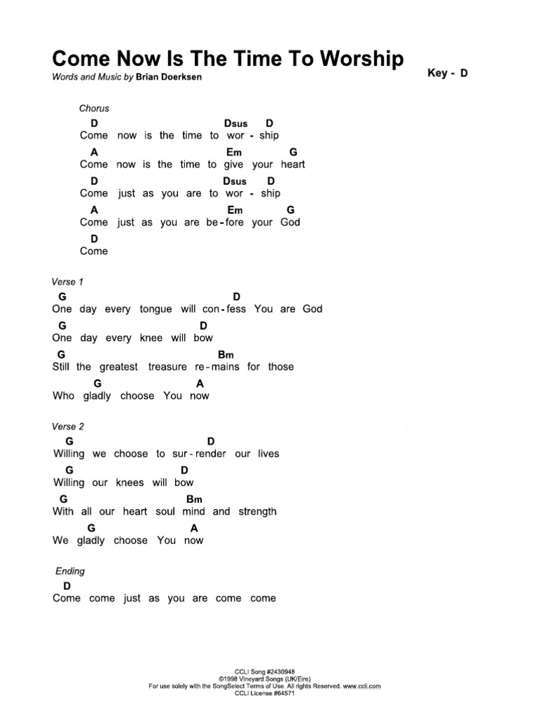 Come Now Is The Time To Worship - CHORD SHEET - Key D PDF | PDF