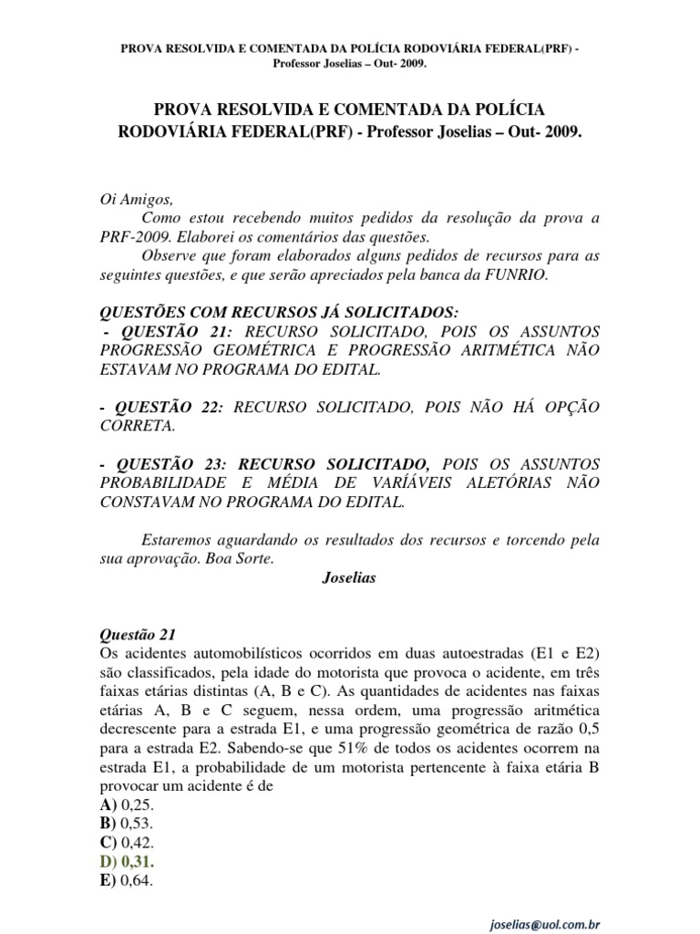 Prova Comentada PRF 2009 | PDF | Radar | Ensino de Matemática