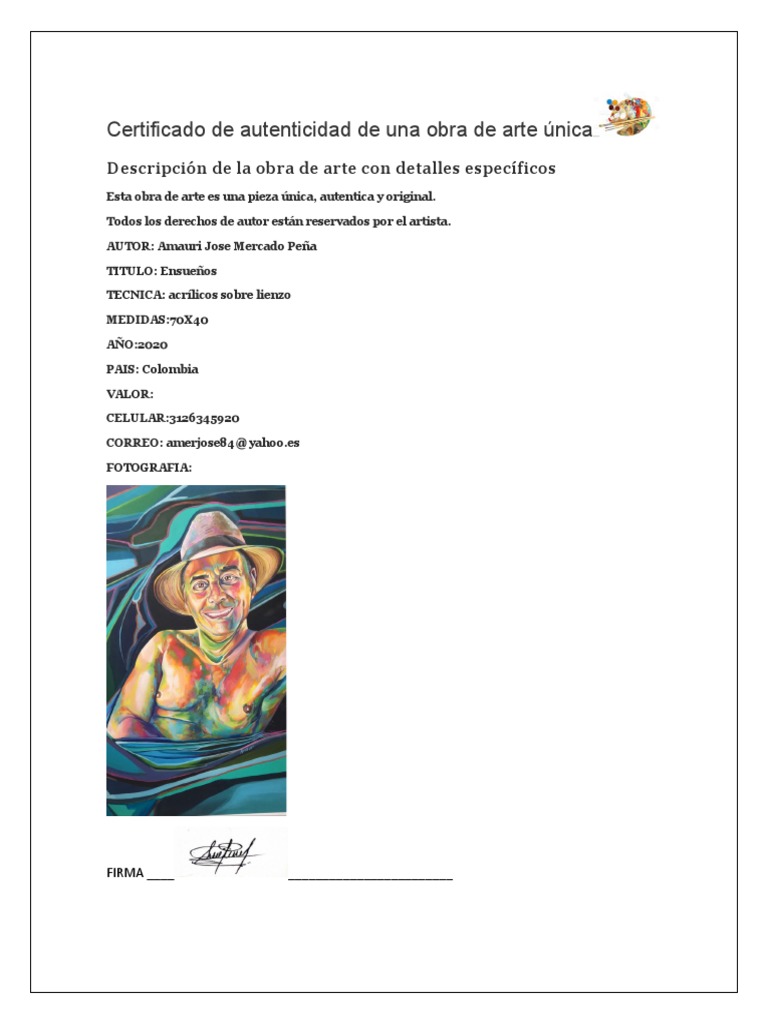 Certificado De Autenticidad De Una Obra De Arte única Pdf