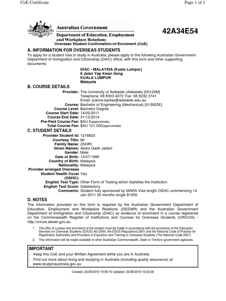 Overseas Student CoE for Australia | PDF | Australia