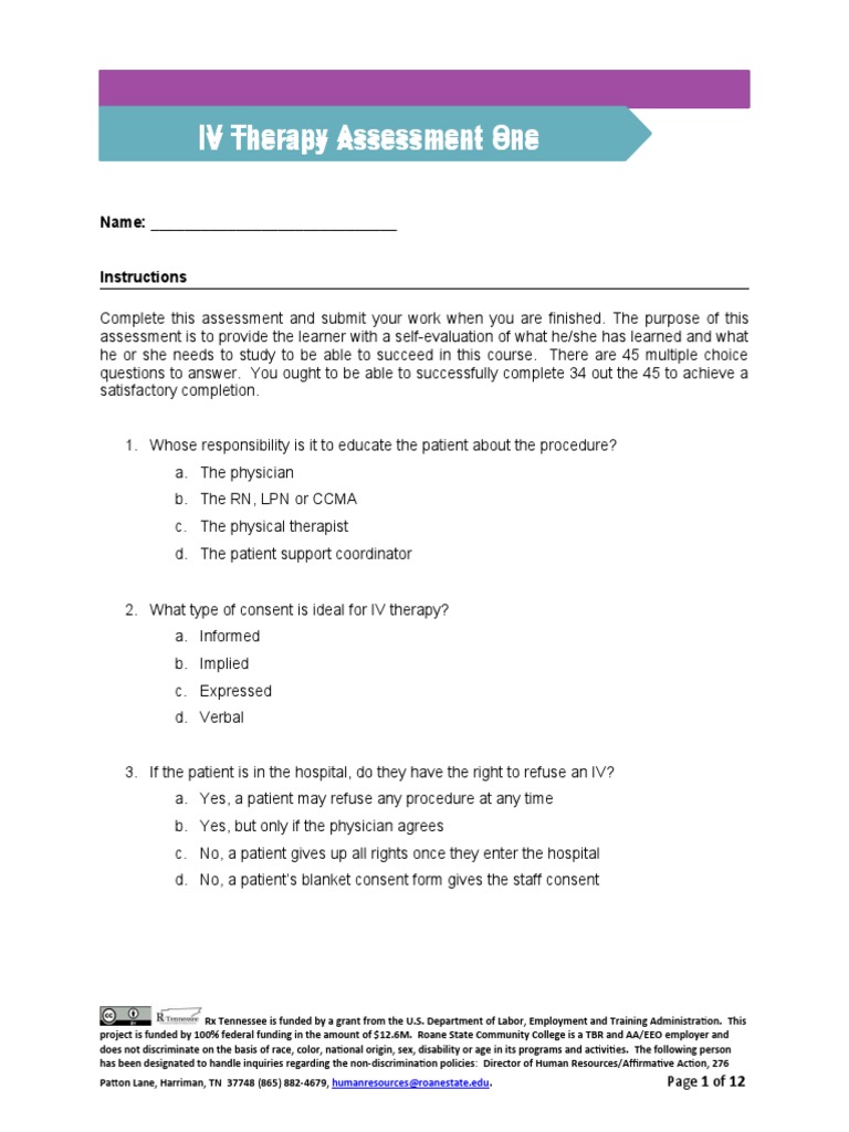 IV Therapy Assessment Questions | PDF | Intravenous Therapy ...