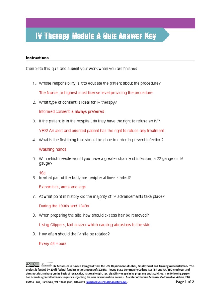 IV Therapy Module A Quiz Answer Key IV Therapy Module A Quiz Answer Key