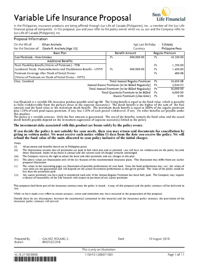 Variable Life Insurance Proposal Summary | PDF | Hand | Insurance