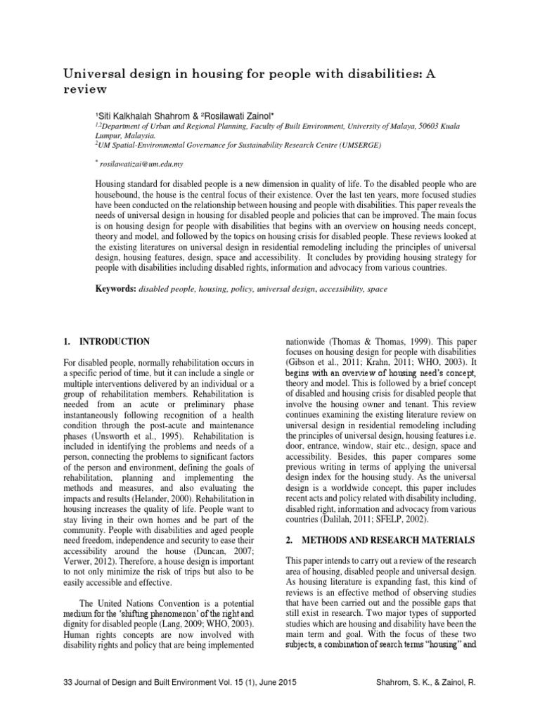 Universal Design in Housing For People With Disabilities: A Review