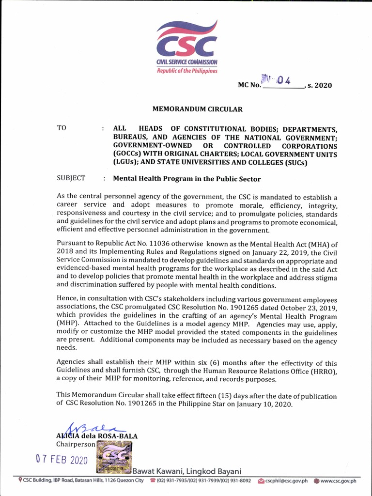 CSC MC No 04 S 2020 Mental Health Program in The Public Sector PDF