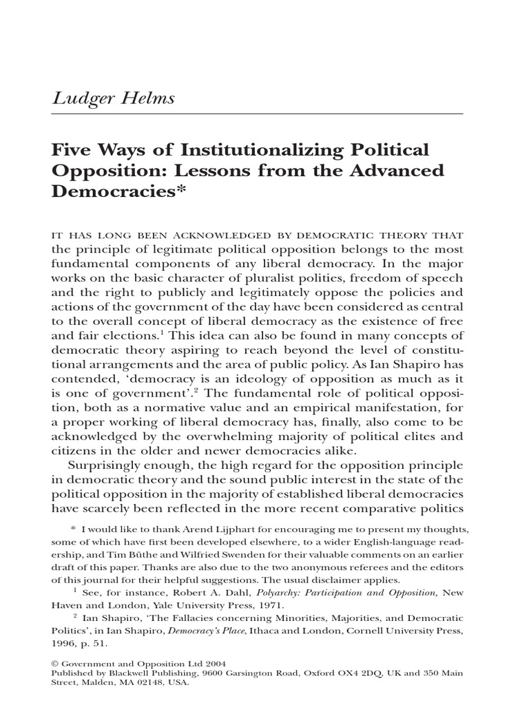 Ludger Helms Five Ways of Institutionalizing Political Opposition