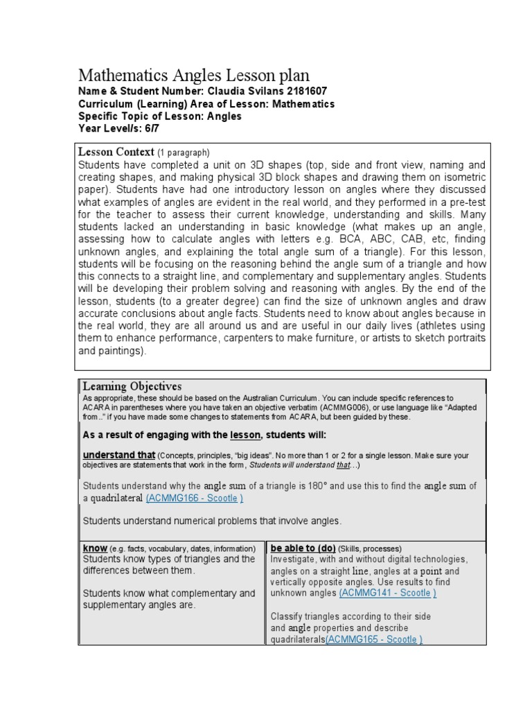 Angles Lesson Plan for Grades 6-7 | PDF | Triangle | Lesson Plan