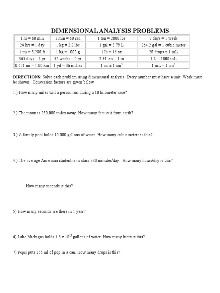 Dimensional Analysis 24  PDF  Gallon  Ounce Throughout Dimensional Analysis Problems Worksheet