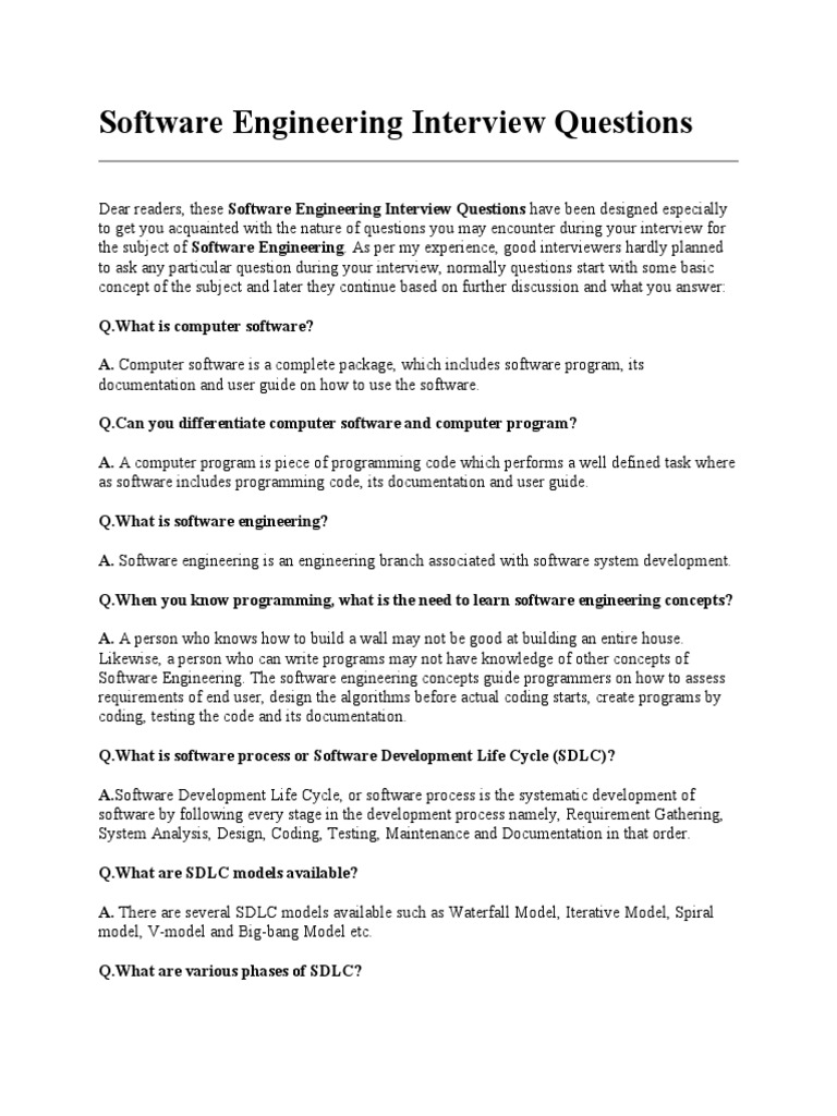 Software Engineering Interview Questions PDF Software Testing