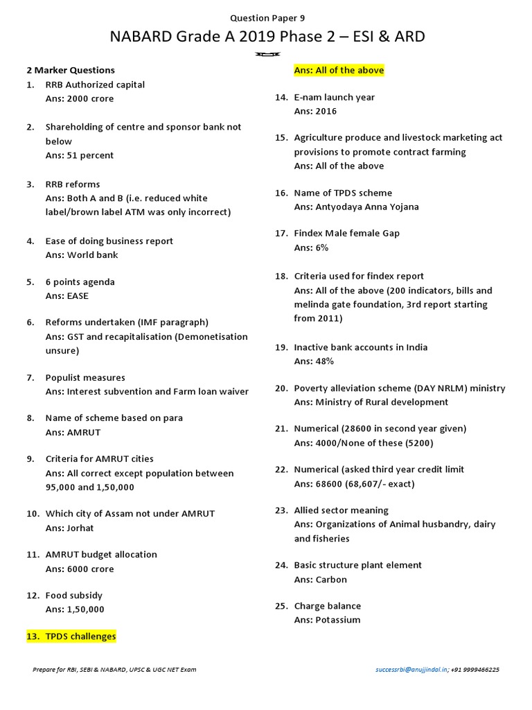NABARD Grade A 2019 Phase 2 ESI & ARD Exam Paper | PDF | Agriculture ...