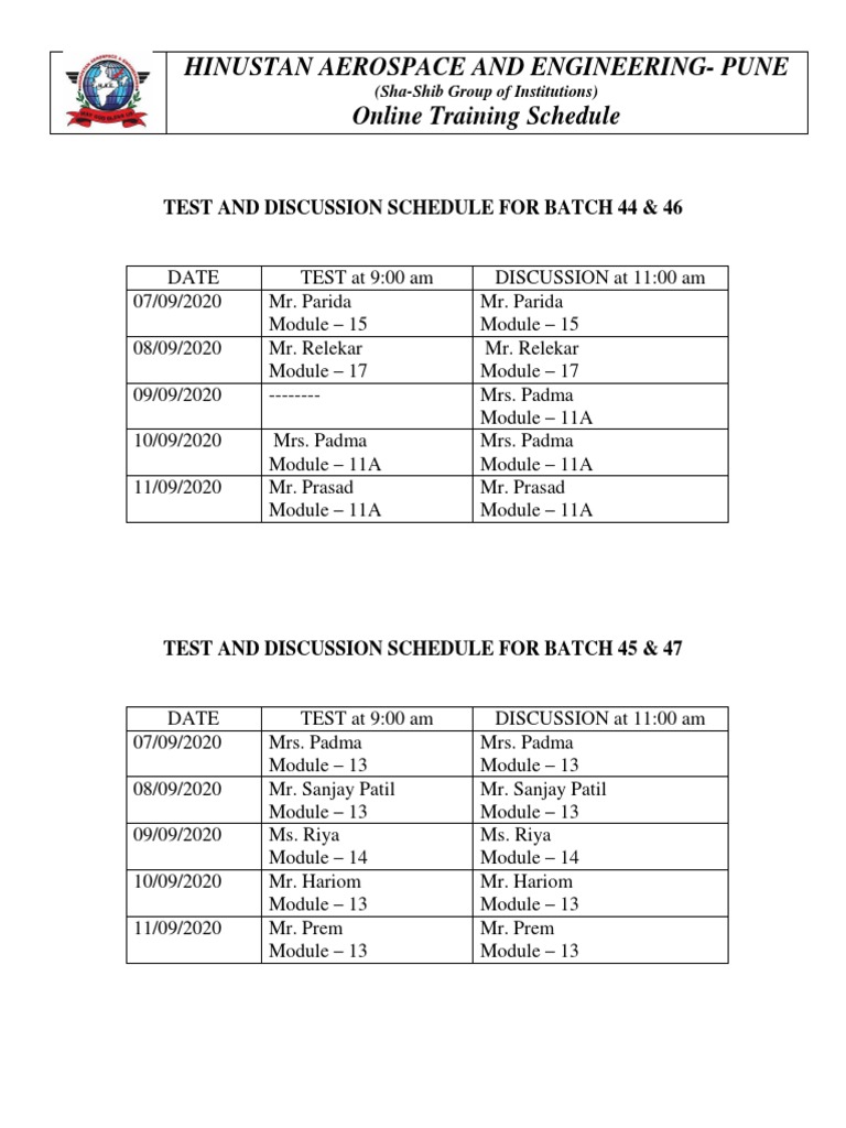 Aerospace Training Schedule | PDF