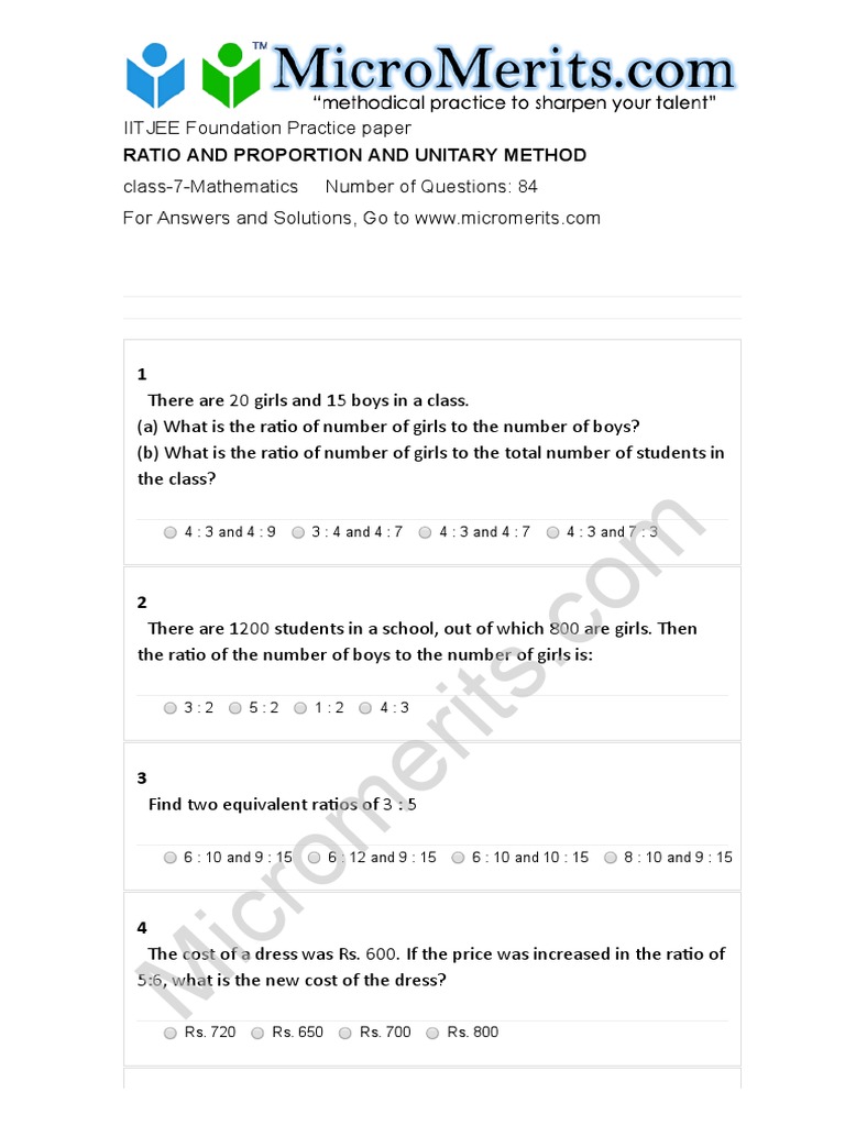 Class 7 Ratio and Proportion Worksheet | PDF | Teaching Mathematics ...