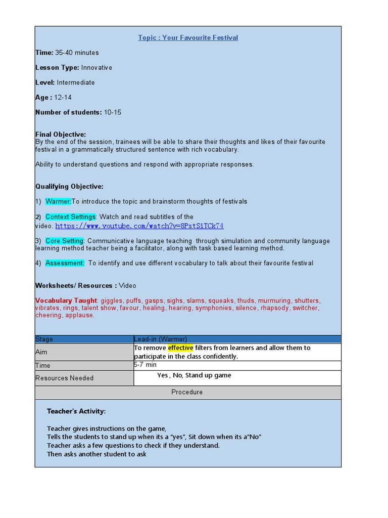 0 - TERM End Assignment - Lesson Plan - Reviewed - 1 | PDF | Language  Education | Teachers