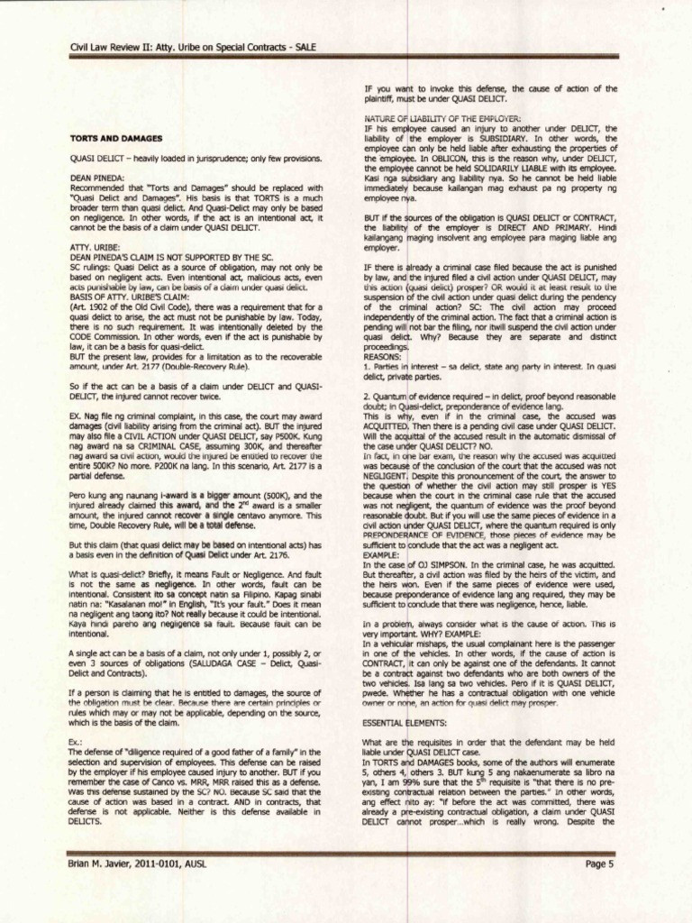 Notes On Torts and Damages | PDF | Negligence | Tort