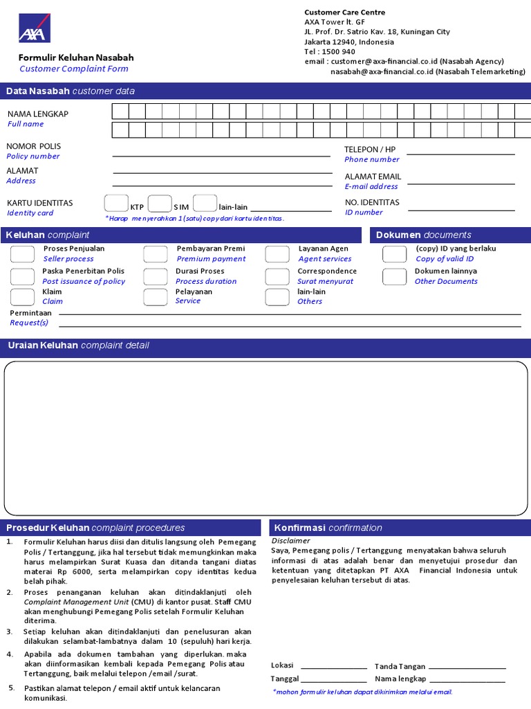 Formulir Keluhan Nasabah AXA | PDF