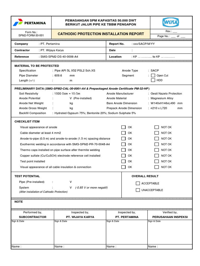 SMG-FORM-30-001 CP Installation Report PDF | PDF | Pipe (Fluid ...