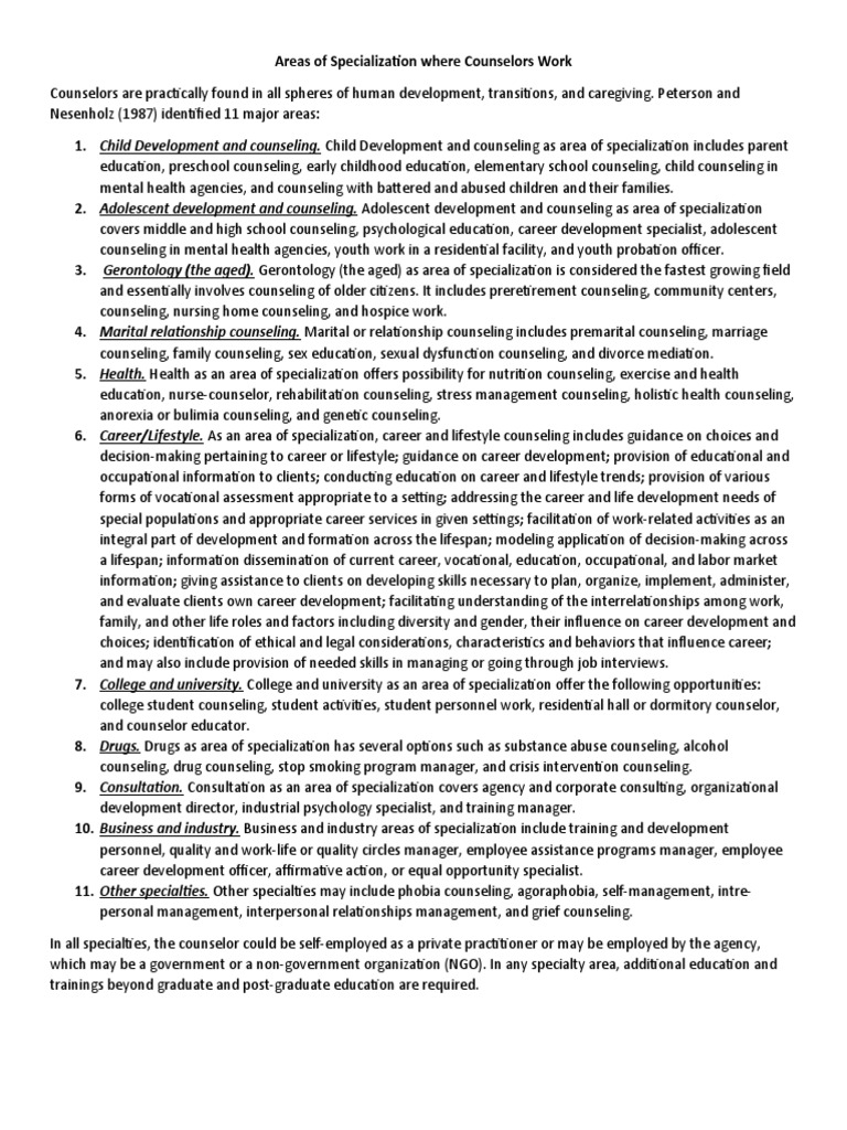 Areas of Specialization Where Counselors Work PDF Counseling