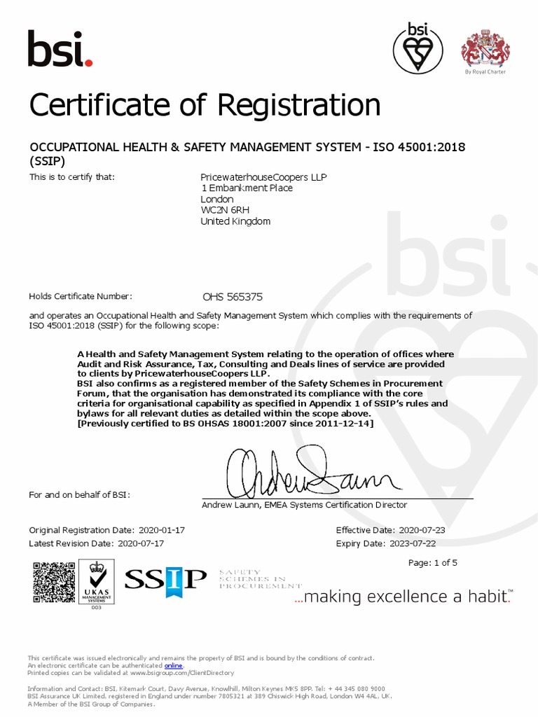 Certificate of Registration: Occupational Health & Safety Management ...