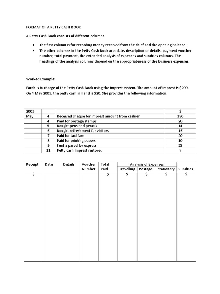 Petty Cash Book Format and Worked Example PDF