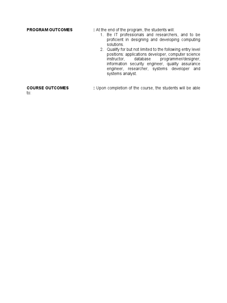 Program Outcomes: at The End of The Program, The Students Will | PDF ...