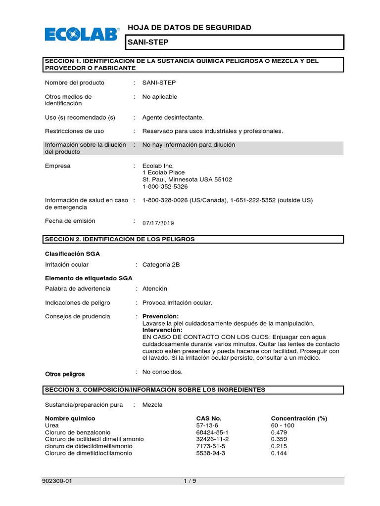 Hoja de Seguridad SANI-STEP Ecolab | PDF | Solubilidad | Compuesto ...