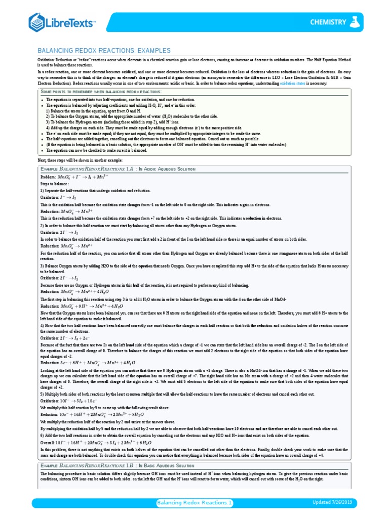Balancing Redox Reactions Guide | PDF | Redox | Chemical Reactions