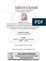 La iglesia católica y su influencia a partir de la teología de la liberación en los pobladores combatientes de Chalatenango (San Antonio Los Ranchos) y su reflejo en muestras orales y en la novela “Un día en la vida” de Manlio Ar