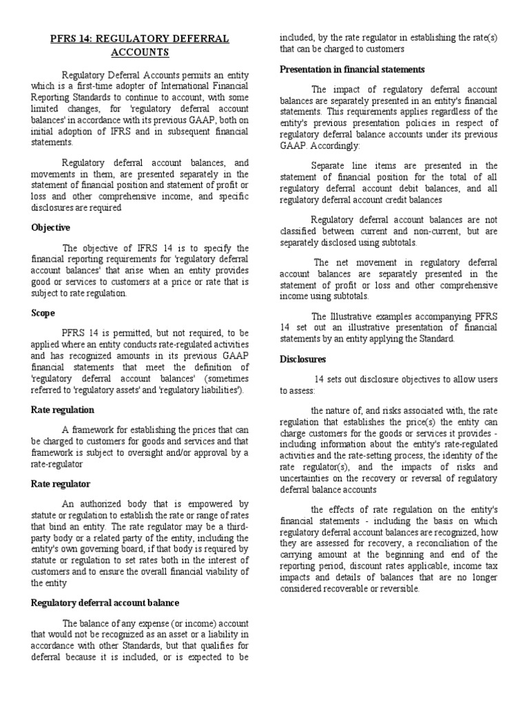 Pfrs 14 Regulatory Deferral Accounts Presentation in Financial