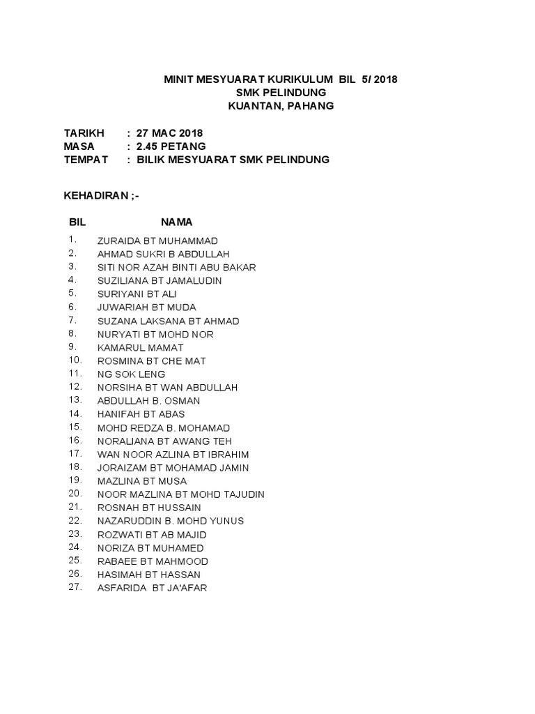 Minit Mesyuarat Kurikulum Bil 5 2018 Post Mortem Spm Pdf