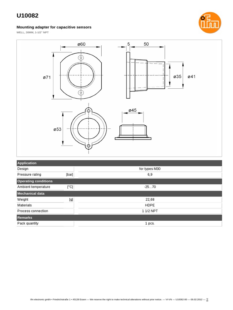 Mounting Adapter For Capacitive Sensors: WELL, 30MM, 1-1/2