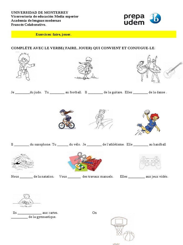 Exercices sur "faire" et "jouer" en français | PDF | Jeux et activités ...
