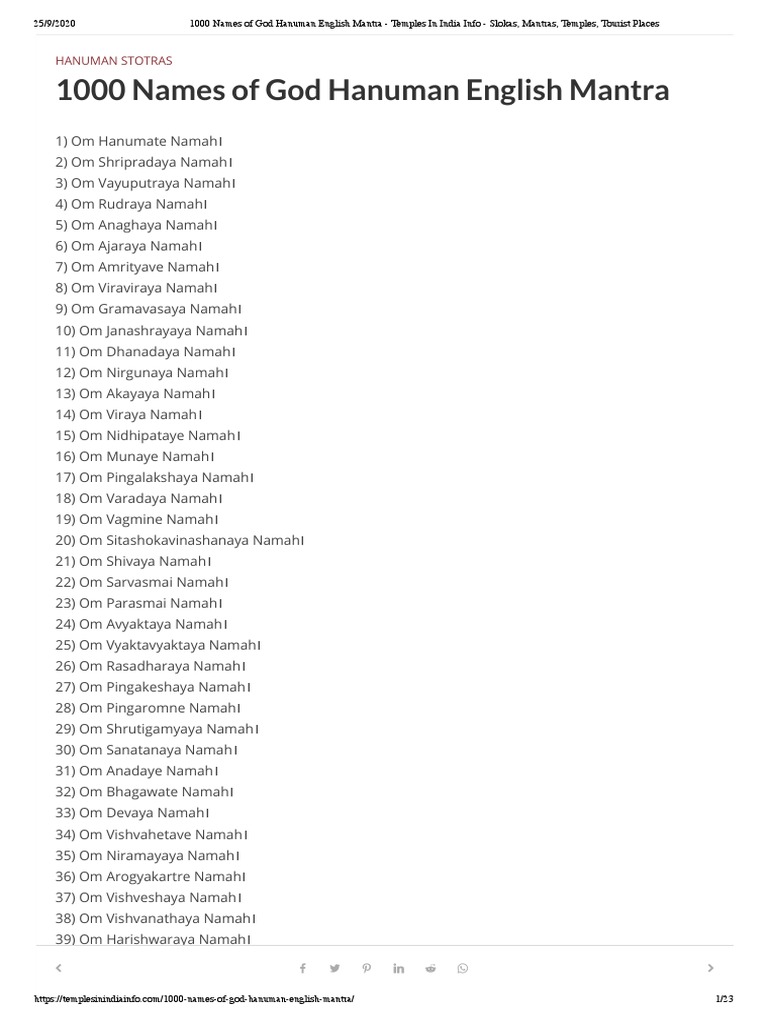1000 Names Of God Hanuman English Mantra Temples In India Info Slokas Mantras Temples Tourist Places Hindu Literature Religious Books
