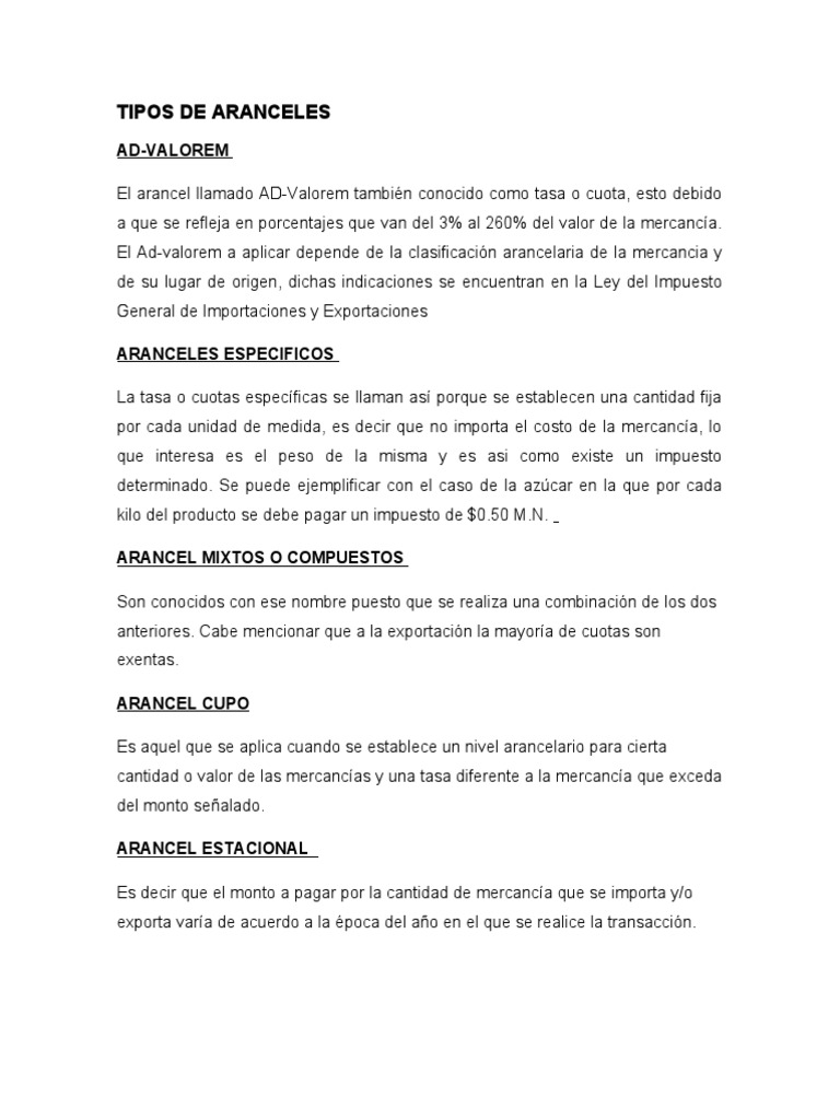 Tipos De Aranceles Pdf Arancel Acuerdos Comerciales