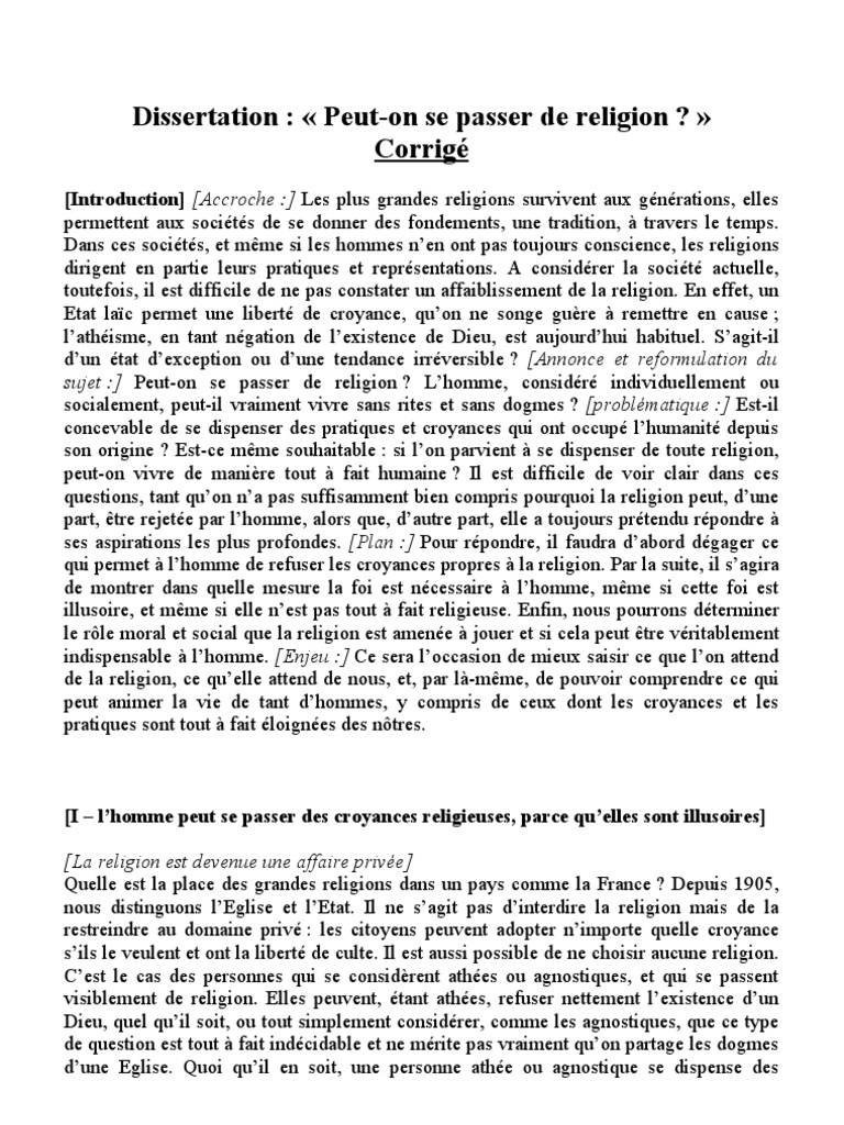 01  Religion  Corrigé Dissertation Def  PeutOn Se Passer de