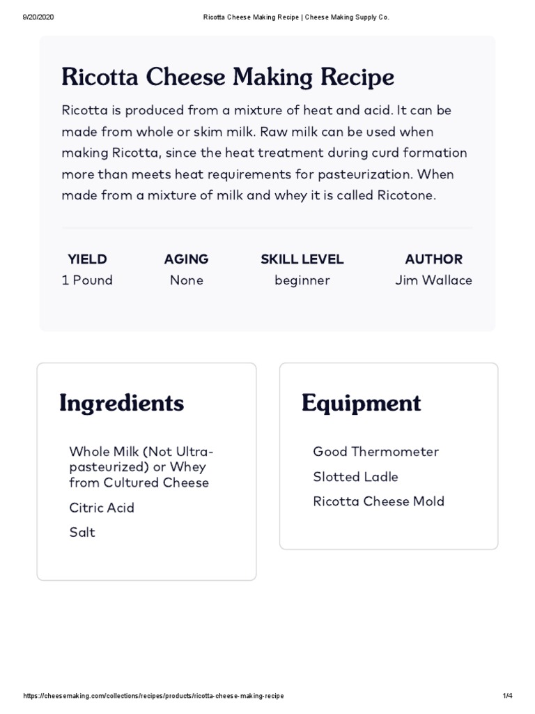 Ricotta Cheese Making Recipe Cheese Making Supply Co Information