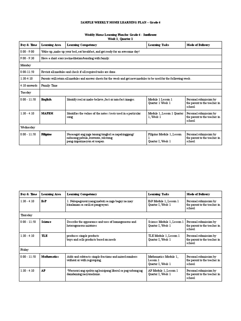 Grade 6 Weekly Home Learning Plan | PDF | Learning | Science